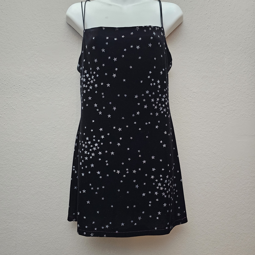 Nobody's Child Black Velvet Camisole Sz 8 Silver Glitter  Stars Spaghetti Straps
